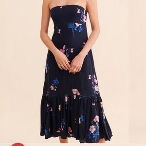 Free People Rosie Posie Navy Floral Strapless Midi Dress Open Back Size M